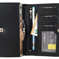 klassische Damengeldbörse mit Clipverschluss-Münzfach, Rindsleder mit RFID-safe