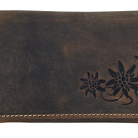 schicke Damengeldbörse aus naturrauhem Hunterleder mit Edelweißprägung