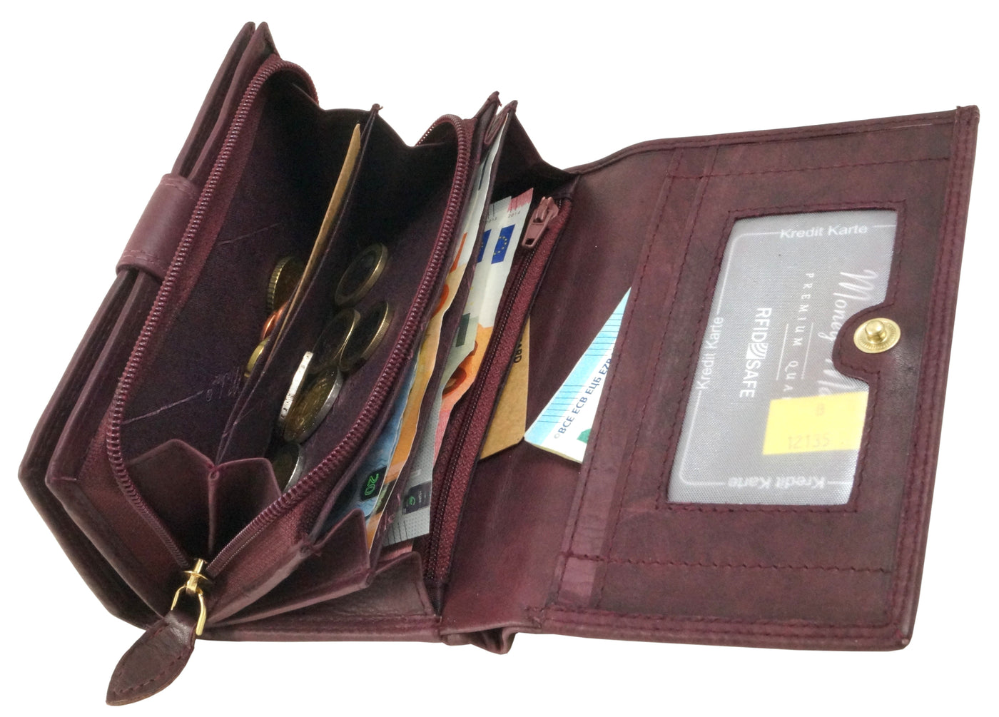 praktische Damengeldbörse aus weichem Rindsleder mit vielen Kartenfächern, RFID-safe