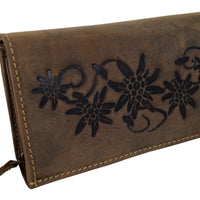 schicke Damengeldbörse aus naturrauhem Hunterleder mit Edelweißprägung