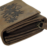 schicke Damengeldbörse aus naturrauhem Hunterleder mit Edelweißprägung